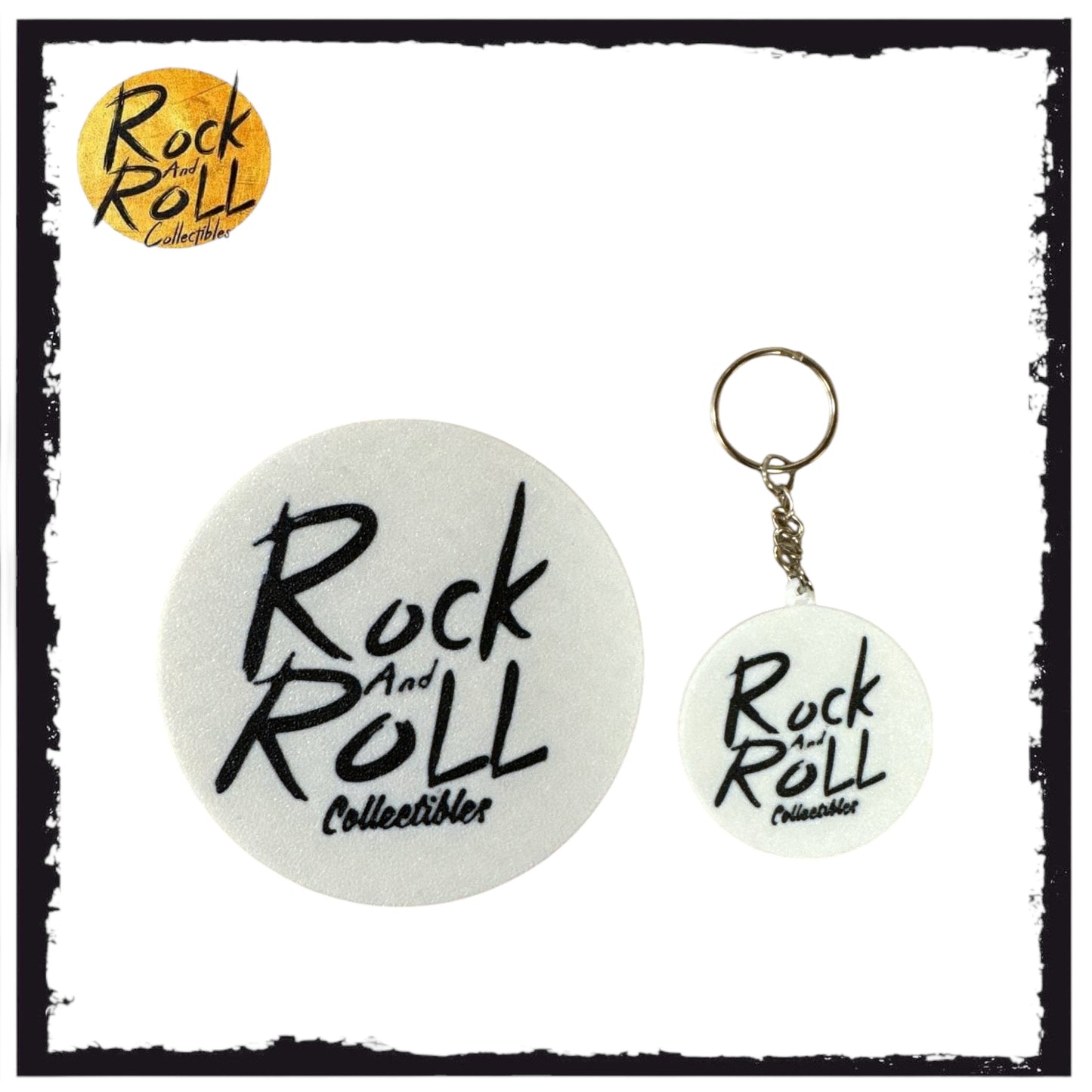 Rock and Roll Collectibles Logo Printed Black & White Plastic Coaster & Keychain Bundle