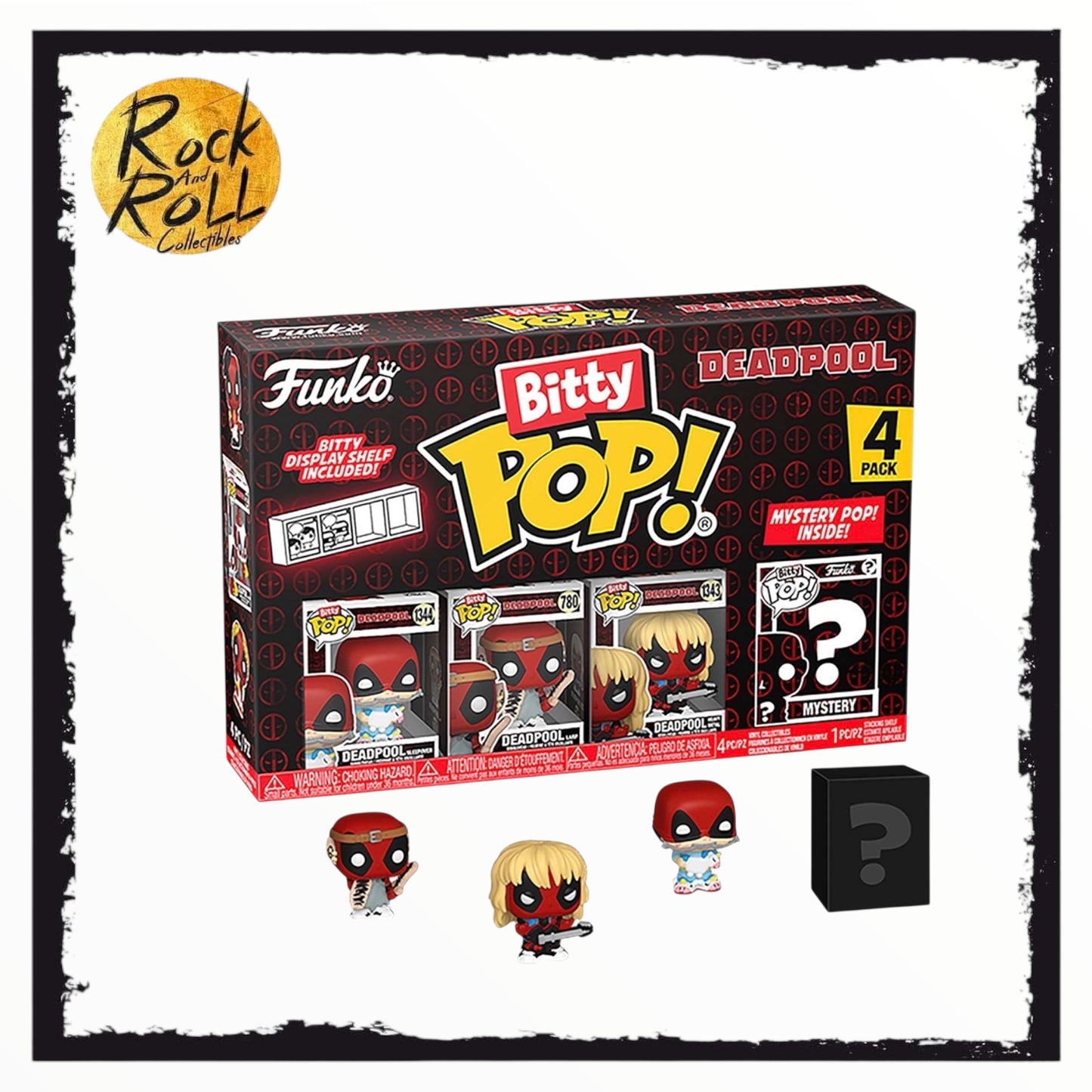 Funko Bitty Pop! Deadpool (Sleepover), Deadpool (Larp), Deadpool (Heavy Metal), and a mystery Bitty Pop! figure