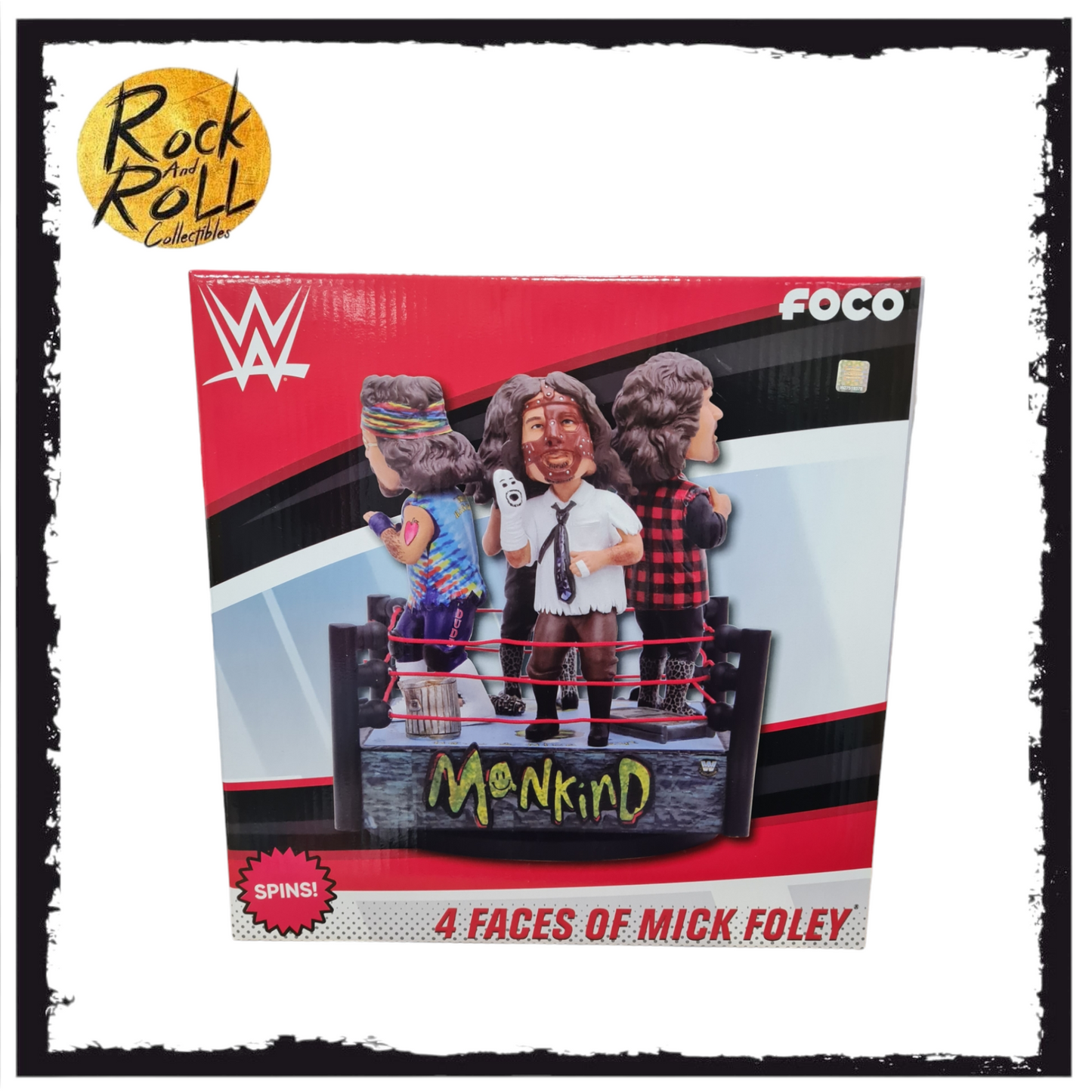 Mick Foley & Mankind & Cactus Jack & Dude Love Faces of Foley WWE Quad Spinner Bobblehead FOCO