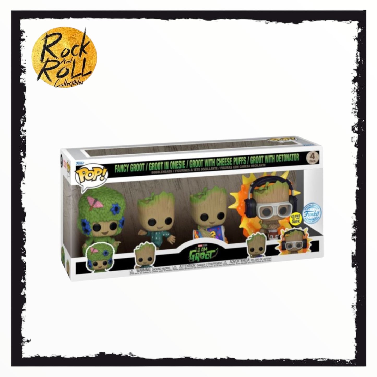 Marvel I Am Groot - Groot 4 Pack GITD Funko Pop! Fancy Groot/Groot In Onesie/Groot with Cheese Puffs/Groot with Detonator