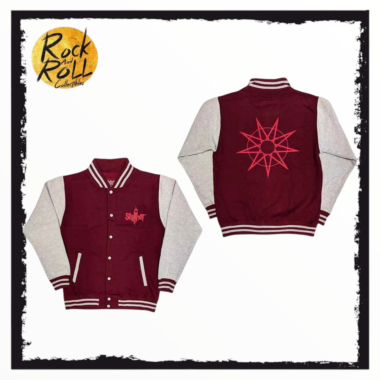 Slipknot Unisex Varsity Jacket: 9 Point Star (Maroon Red & Grey) (Back Print) - Small