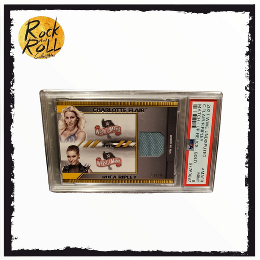 WWE 2021 Undisputed Charlotte Flair/Rhea Ripley Wrestlemania Gold Relic #03/10. PSA MINT 9