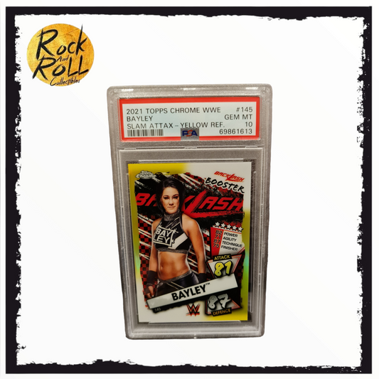 Bayley 2021 Topps Chrome WWE Slam Attax Card #145 Yellow Refractor SP 46/99 - PSA GEM MT 10